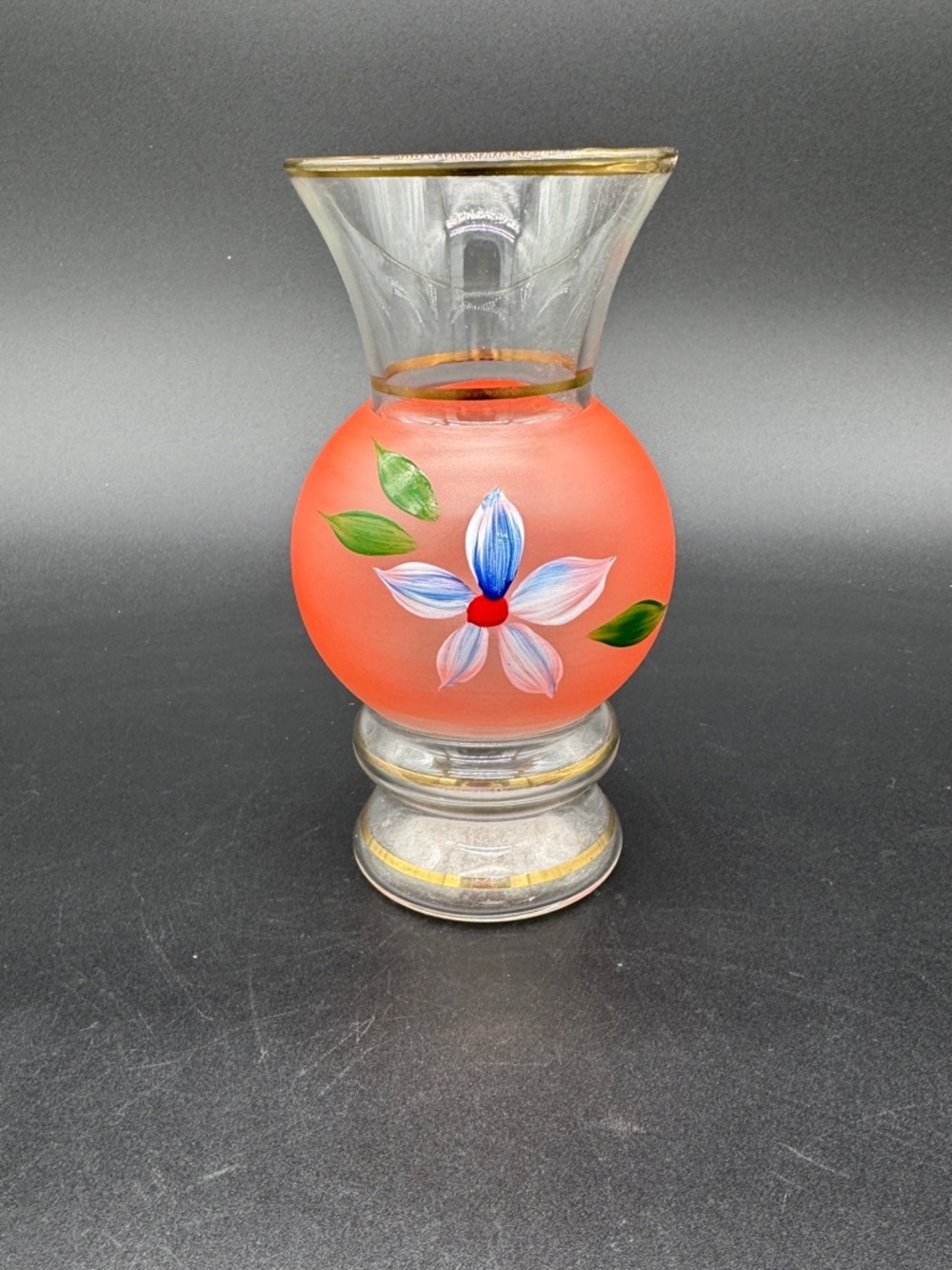 Vintage Bartlett Collins Glass Bud Vase Pink with White Flower and Gold Trim